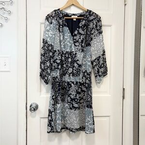 LOFT Patchwork Floral Dress Navy Blue Boho Shirred Blouson Sleeve Flowy Size L